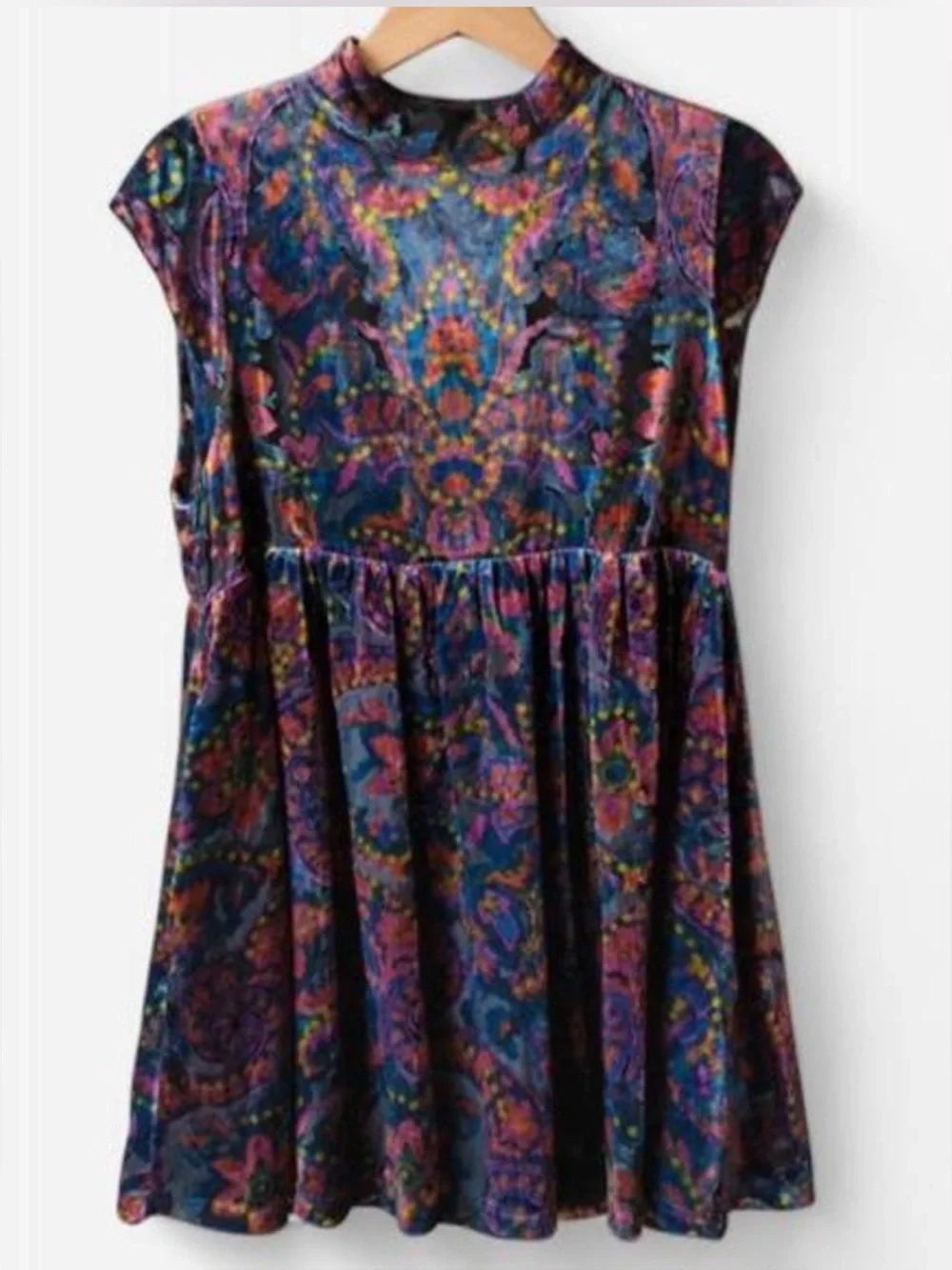 Free People All The Time Purple Paisley Mock-Neck Cap-Sleeve Mini Dress